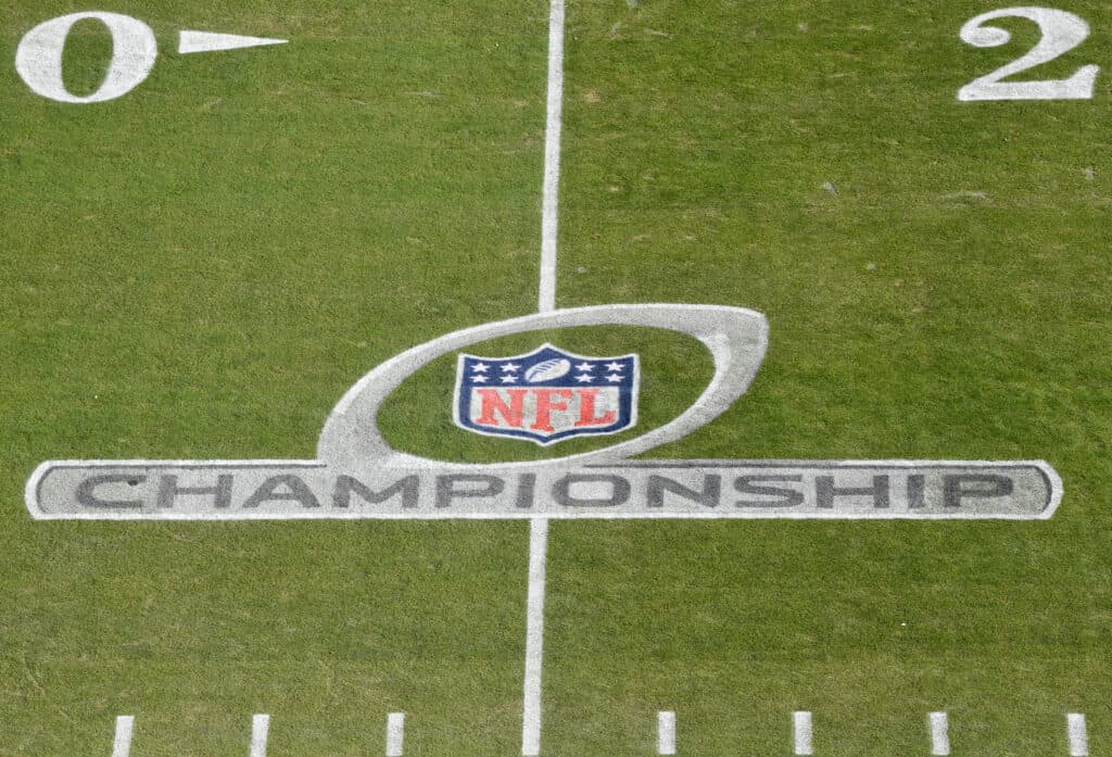 The NFL Championship logo is seen on the field before the AFC Championship Game between the Kansas City Chiefs and the Tennessee Titans at Arrowhead Stadium on January 19, 2020 in Kansas City, Missouri.