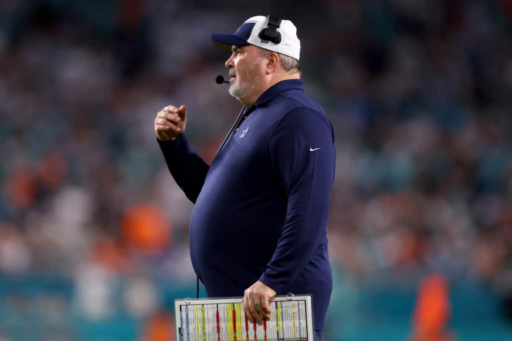 MIAMI GARDENS, FLORIDA - DECEMBER 24: Head coach Mike McCarthy of the Dallas Cowboys looks on during the fourth quarter in the game against the Miami Dolphins at Hard Rock Stadium on December 24, 2023 in Miami Gardens, Florida.