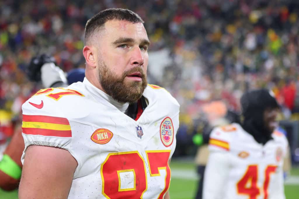 Travis Kelce #87 of the Kansas City Chiefs reacts after being defeated by the Green Bay Packers 27-19 at Lambeau Field on December 03, 2023 in Green Bay, Wisconsin.