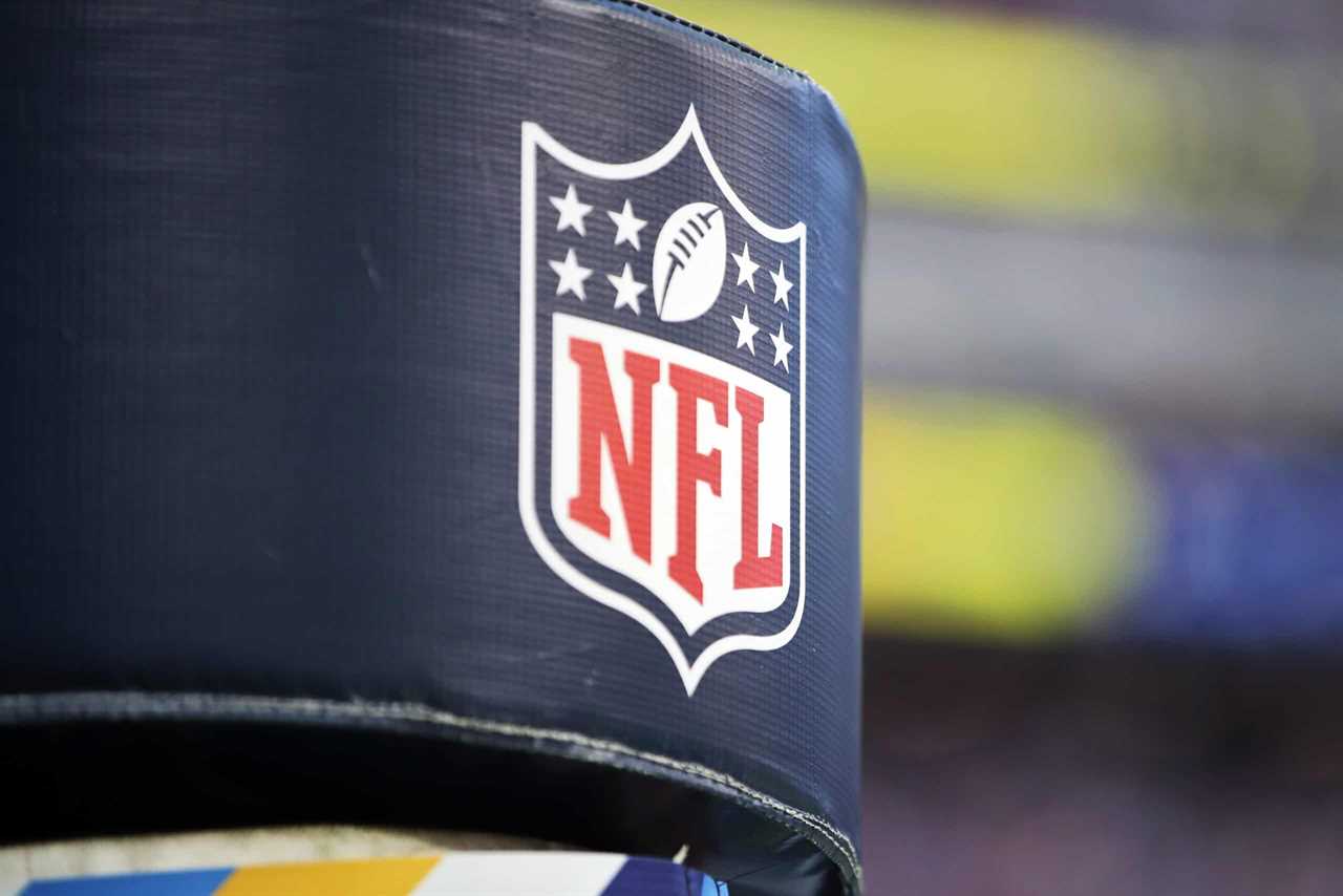 A detailed view of the NFL logo is seen at SoFi Stadium during the game between the Arizona Cardinals and the Los Angeles Rams on October 03, 2021 in Inglewood, California.