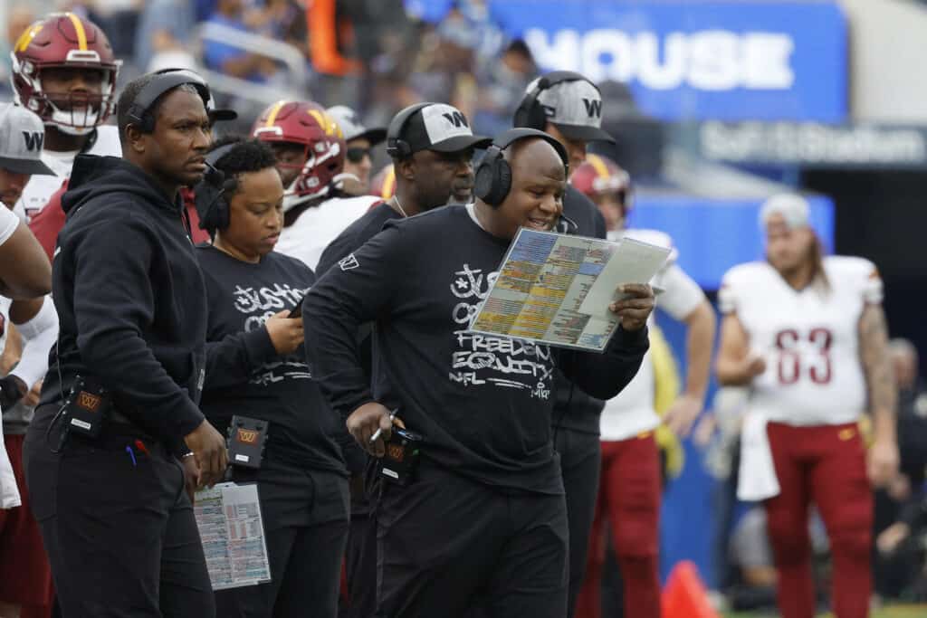 INGLEWOOD, CALIFORNIA - DECEMBER 17: Offensive coordinator Eric Bieniemy reacts during the game against the Los Angeles Rams at SoFi Stadium on December 17, 2023 in Inglewood, California. 