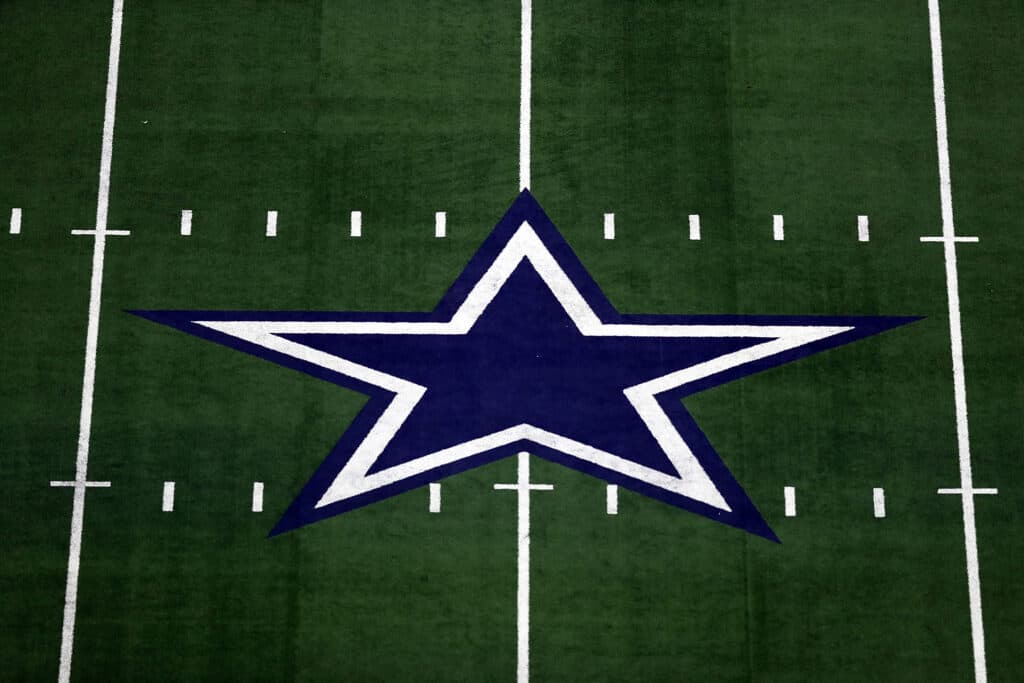 The Dallas Cowboys logo at AT&T Stadium on September 30, 2018 in Arlington, Texas.