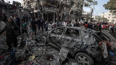 FILE PHOTO: Debris of destroyed buildings as Israeli attacks continue at Al-Shati refugee camp of Gaza City, Gaza on October 31, 2023.