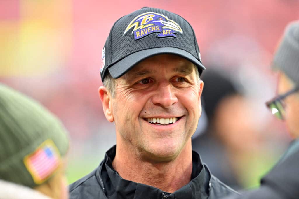 Head coach John Harbaugh of the Baltimore Ravens looks on prior to the game against the Cleveland Browns at FirstEnergy Stadium on December 17, 2022 in Cleveland, Ohio.