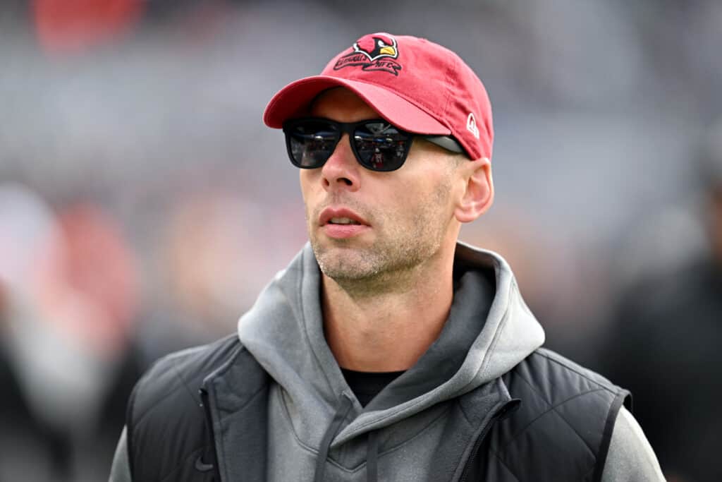 CHICAGO, ILLINOIS - DECEMBER 24: Head Coach Jonathan Gannon of the Arizona Cardinals looks on before the game against the Chicago Bears at Soldier Field on December 24, 2023 in Chicago, Illinois.