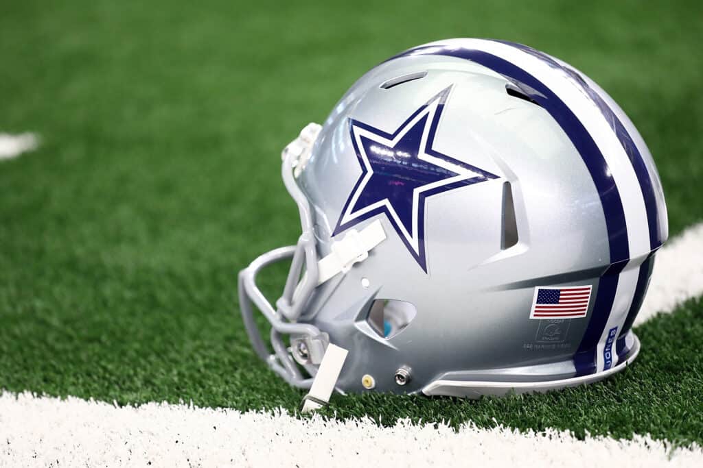 A Dallas Cowboys helmet at AT&T Stadium on October 14, 2018 in Arlington, Texas.