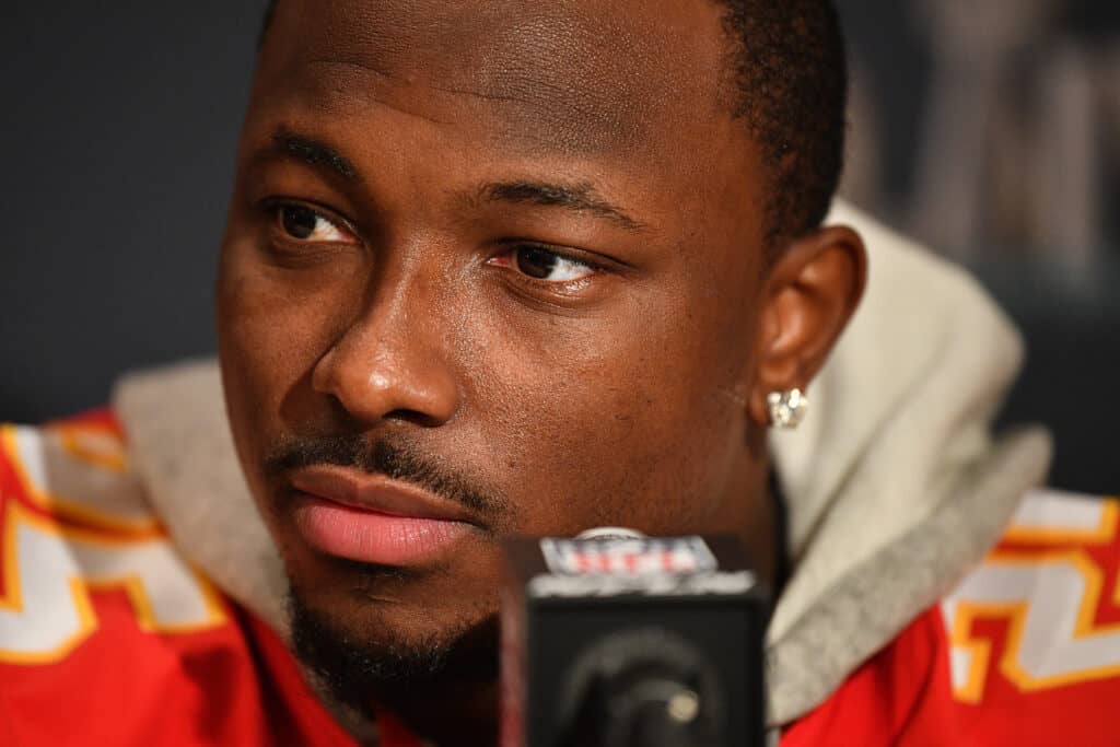 LeSean McCoy #25 of the Kansas City Chiefs speaks to the media during the Kansas City Chiefs media availability prior to Super Bowl LIV at the JW Marriott Turnberry on January 29, 2020 in Aventura, Florida.