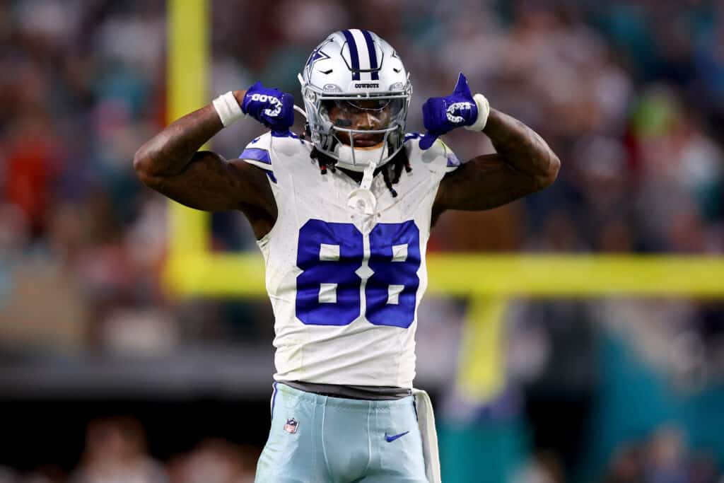 MIAMI GARDENS, FLORIDA - DECEMBER 24: CeeDee Lamb #88 of the Dallas Cowboys reacts after a first down during the fourth quarter in the game against the Miami Dolphins at Hard Rock Stadium on December 24, 2023 in Miami Gardens, Florida.