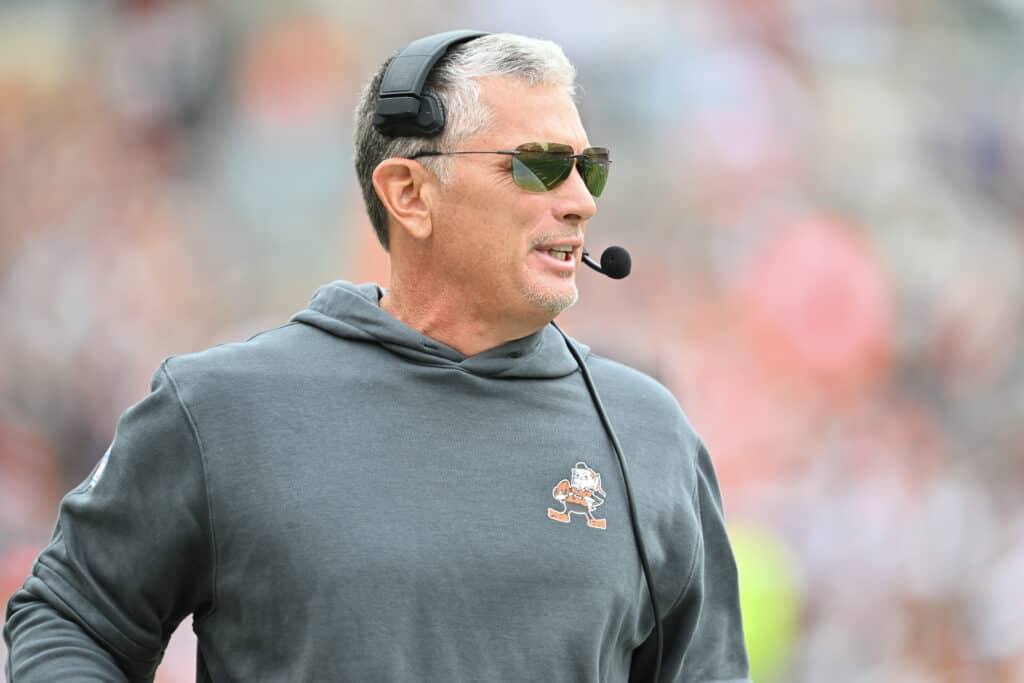 CLEVELAND, OHIO - SEPTEMBER 24: Defensive Coordinator Jim Schwartz of the Cleveland Browns looks on during the first half in the game against the Tennessee Titans at Cleveland Browns Stadium on September 24, 2023 in Cleveland, Ohio.