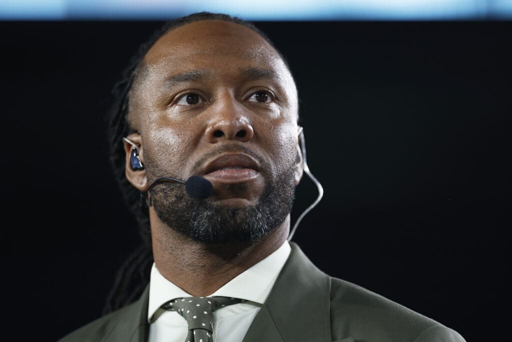 EAST RUTHERFORD, NEW JERSEY - OCTOBER 02: Former NFL player Larry Fitzgerald looks on prior to a game between the Seattle Seahawks and New York Giants at MetLife Stadium on October 02, 2023 in East Rutherford, New Jersey.