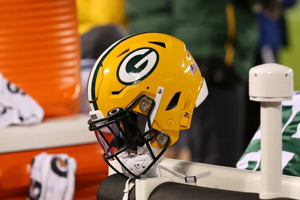 A Green Bay Packers helmet during an NFL game between the Green Bay Packers and Kansas City Chiefs on October 27, 2019 at Arrowhead Stadium in Kansas City, MO.