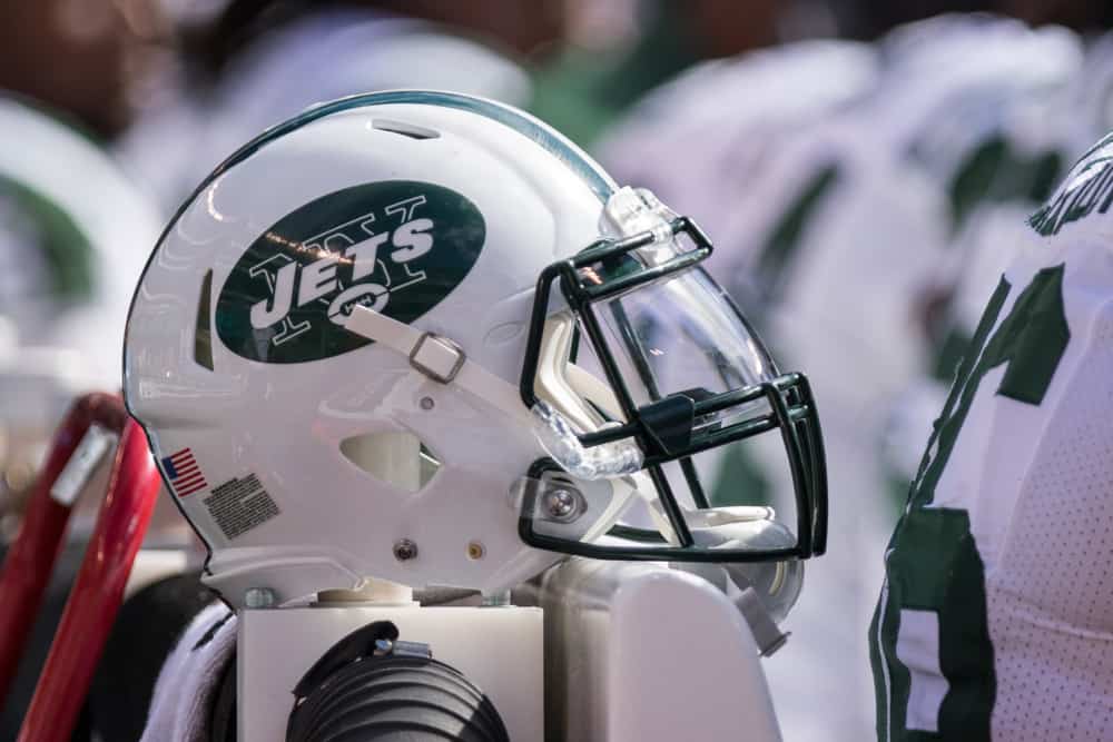 A NY Jets helmet sits on the bench during the second half of the New York Jets home opener versus the Cincinnati Bengals at MetLife Stadium in East Rutherford, NJ.