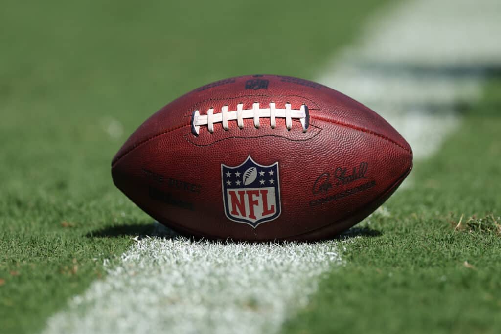 A detailed view of a NFL football is seen at M&T Bank Stadium on September 18, 2022 in Baltimore, Maryland.