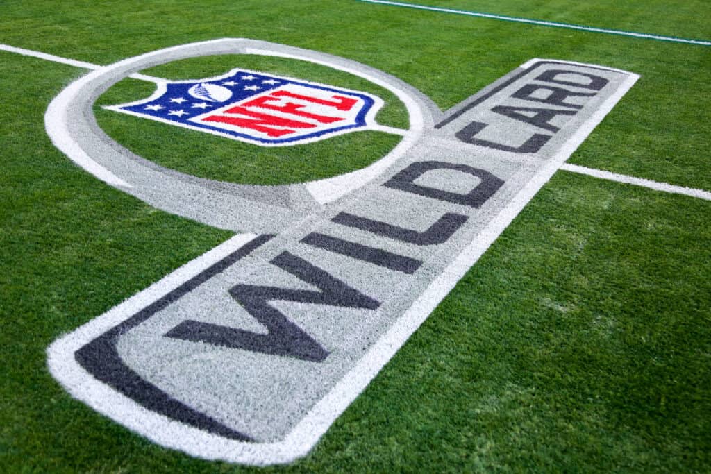 JACKSONVILLE, FLORIDA - JANUARY 14: A detailed view of the NFL Wild Card logo on the field prior to a game between the Los Angeles Chargers and Jacksonville Jaguars in the AFC Wild Card playoff game at TIAA Bank Field on January 14, 2023 in Jacksonville, Florida.