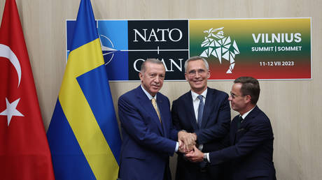 Turkish President Recep Tayyip Erdogan meets The North Atlantic Treaty Organization (NATO) Secretary General Jens Stoltenberg and Swedish Prime Minister Ulf Kristersson within the NATO Vilnius Summit in Vilnius, Lithuania on July 10, 2023