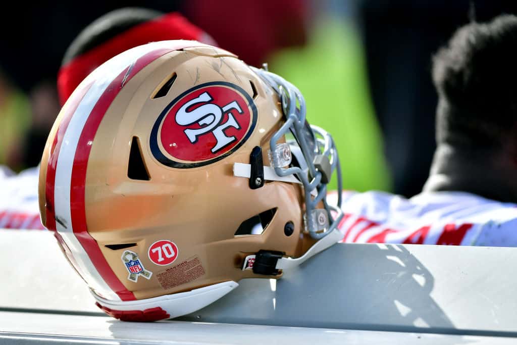 A San Francisco 49ers helmet on the bench during the game against the Jacksonville Jaguars at TIAA Bank Field on November 21, 2021 in Jacksonville, Florida.