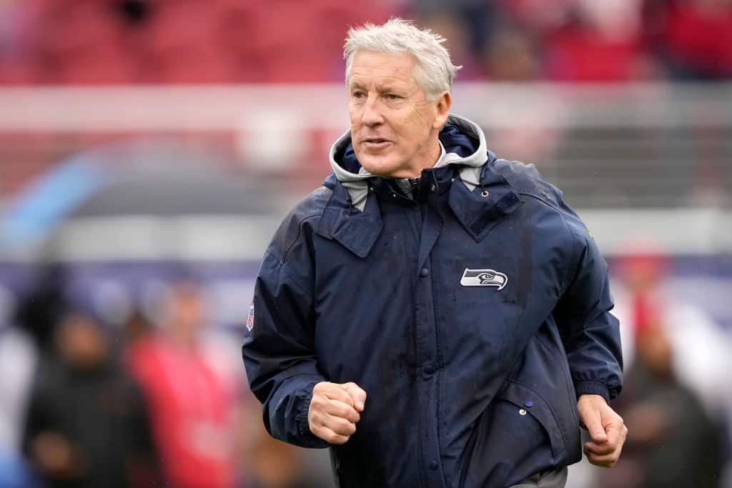 Head coach Pete Carroll of the Seattle Seahawks looks on prior to the NFC Wild Card playoff game against the San Francisco 49ers at Levi's Stadium on January 14, 2023 in Santa Clara, California.