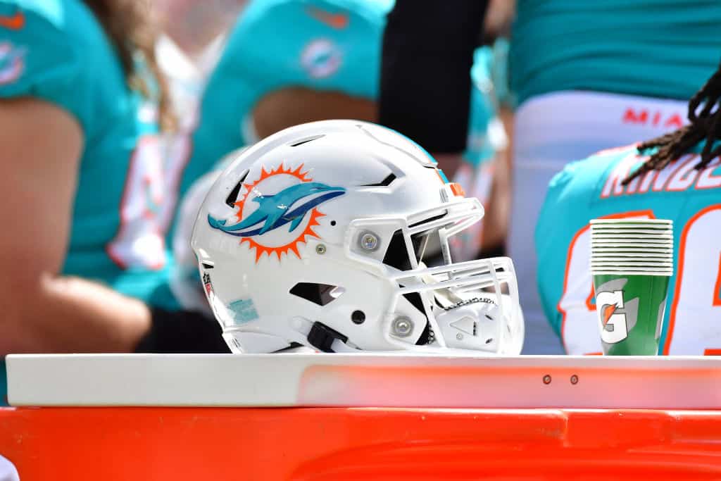 A detail of a Miami Dolphins helmet during the first half against the Tampa Bay Buccaneers at Raymond James Stadium on October 10, 2021 in Tampa, Florida.