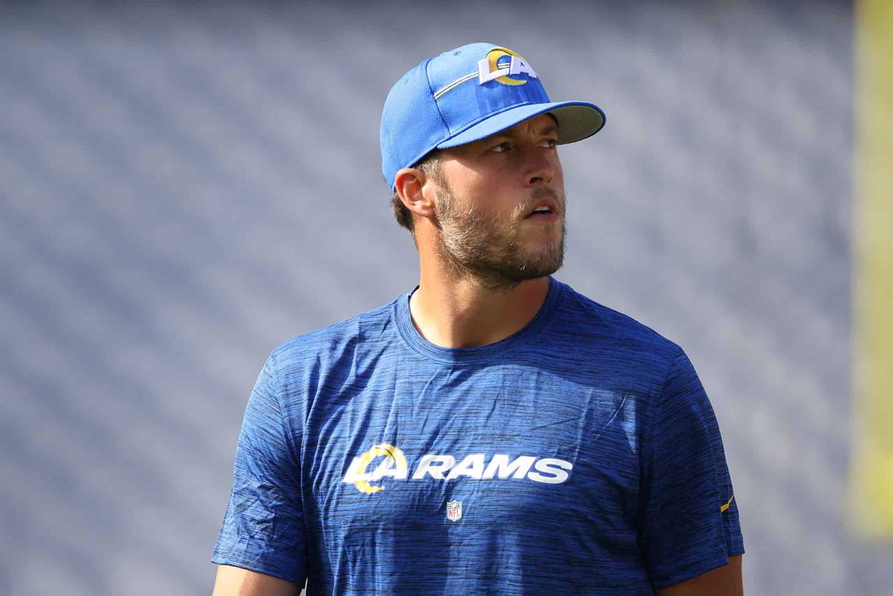 Matthew Stafford #9 of the Los Angeles Rams warms up before the preseason game against the Denver Broncos at Empower Field At Mile High on August 26, 2023 in Denver, Colorado.