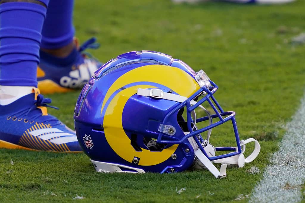 A Los Angeles Rams helmet is shown against the San Francisco 49ers at Levi's Stadium on October 18, 2020 in Santa Clara, California.