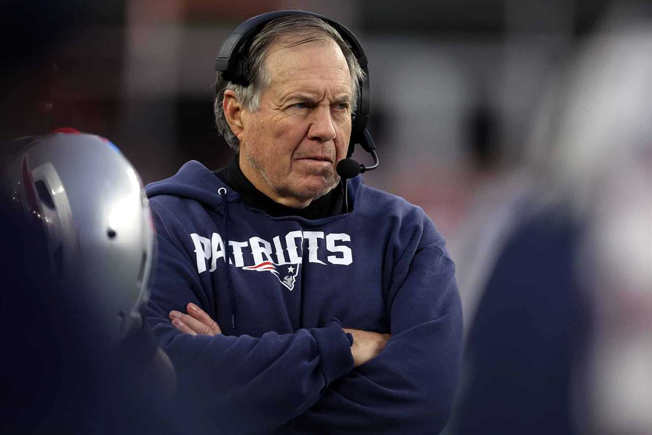 FOXBOROUGH, MASSACHUSETTS - DECEMBER 17: New England Patriots head coach Bill Belichick looks on from the sideline during the game against the Kansas City Chiefs at Gillette Stadium on December 17, 2023 in Foxborough, Massachusetts.