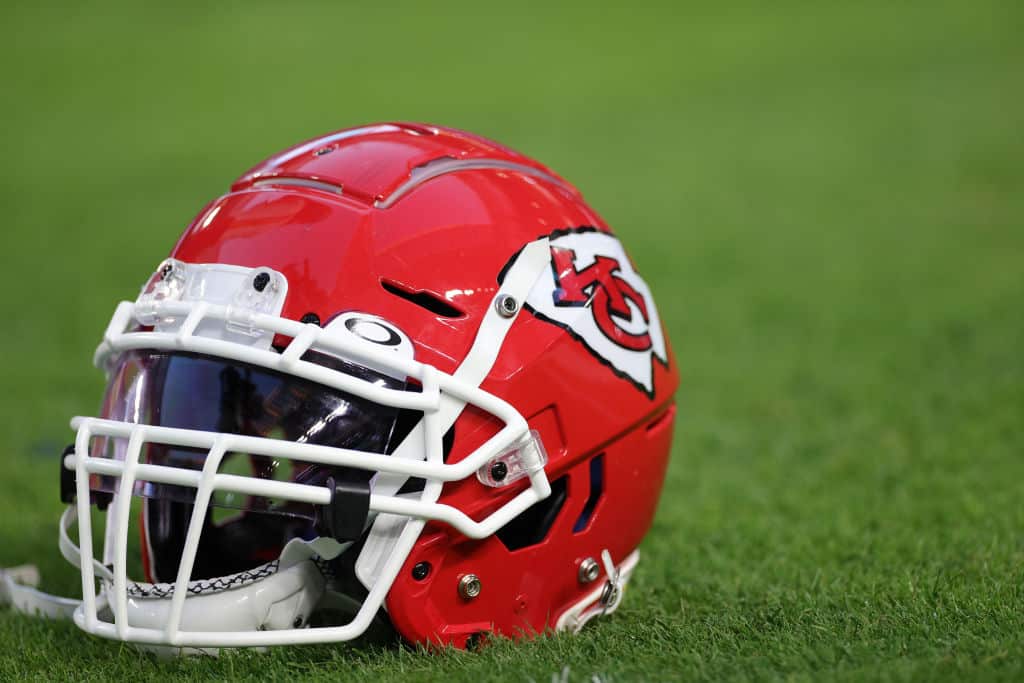 Details of Kansas City Chiefs helmet before Super Bowl LIV at Hard Rock Stadium on February 02, 2020 in Miami, Florida.