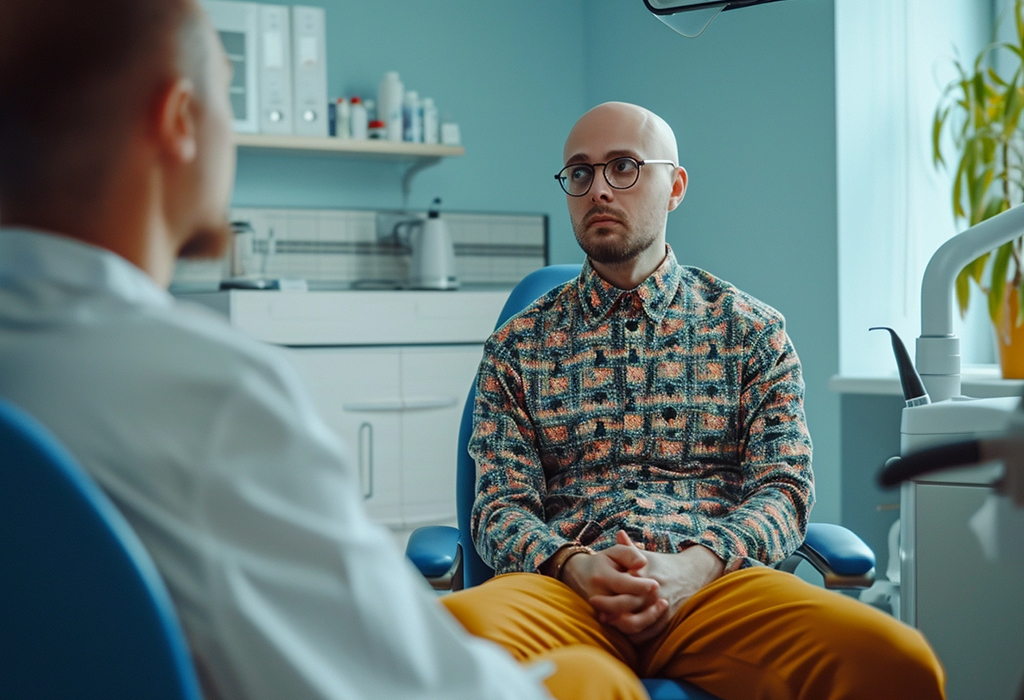 young bald man at doctor's office