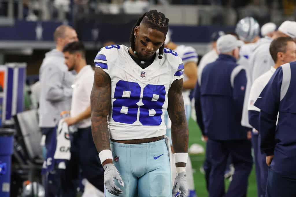 CeeDee Lamb #88 of the Dallas Cowboys walks on the sideline during the NFC Wild Card Playoff game against the Green Bay Packers at AT&T Stadium on January 14, 2024 in Arlington, Texas. The Packers defeated the Cowboys 48-32.