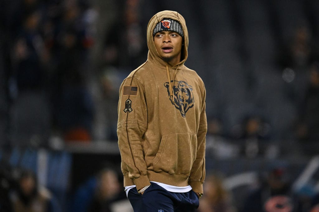 Justin Fields #1 of the Chicago Bears is seen on the field prior to a game against the Carolina Panthers at Soldier Field on November 09, 2023 in Chicago, Illinois.