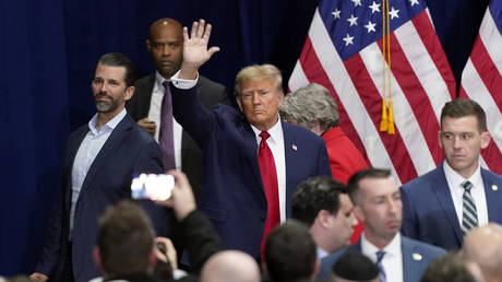 Former President Donald Trump at a caucus night event in Des Moines, Iowa, January 15, 2024.