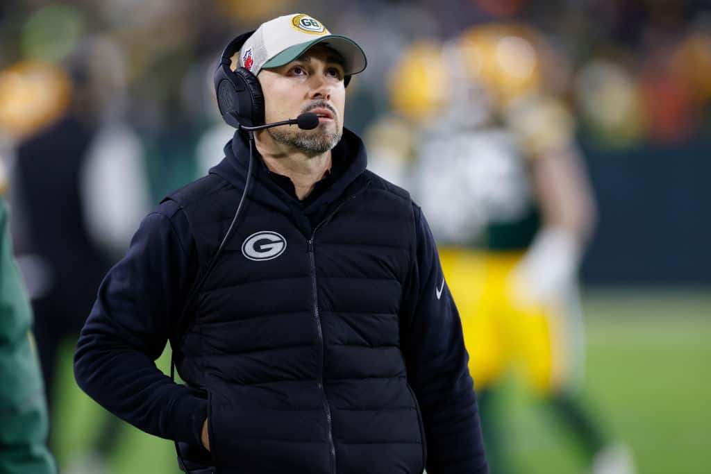 Head coach Matt LaFleur of the Green Bay Packers looks on during the third quarter in the game against the Chicago Bears at Lambeau Field on January 07, 2024 in Green Bay, Wisconsin.