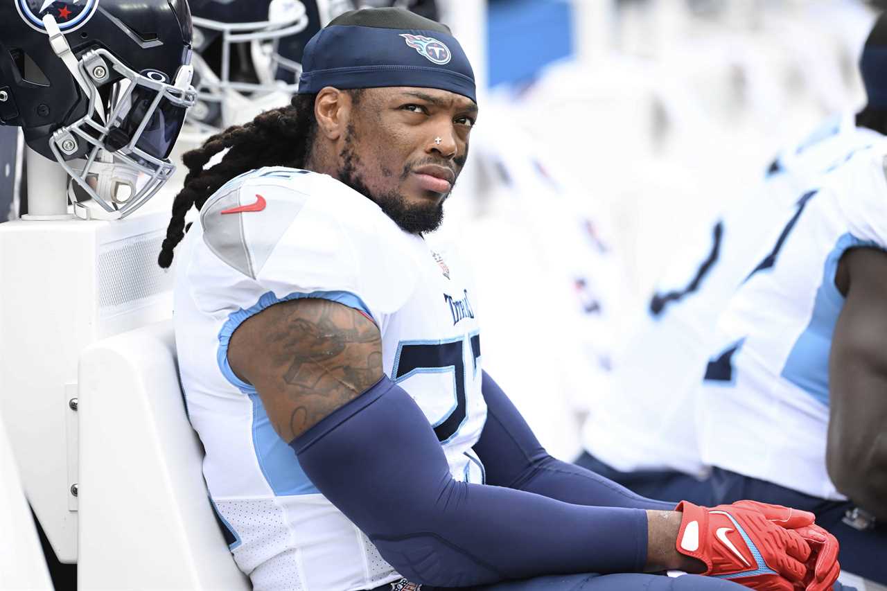 Derrick Henry #22 of the Tennessee Titans looks on during the first half in the game against the Cleveland Brown at Cleveland Browns Stadium on September 24, 2023 in Cleveland, Ohio.