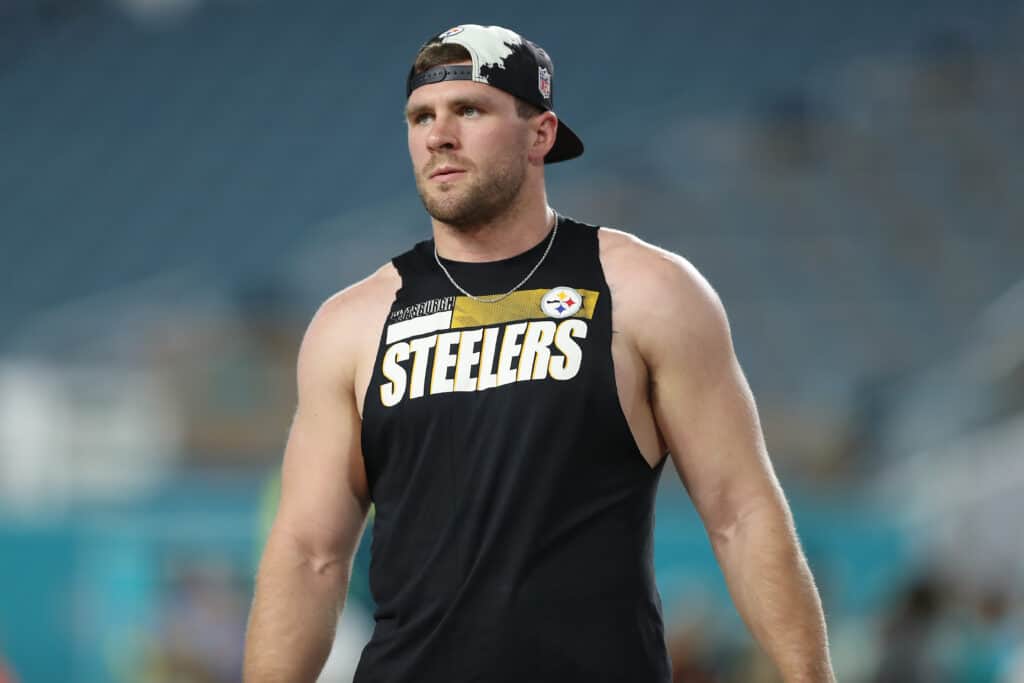T.J. Watt #90 of the Pittsburgh Steelers warms-up prior to the game against the Miami Dolphins at Hard Rock Stadium on October 23, 2022 in Miami Gardens, Florida.