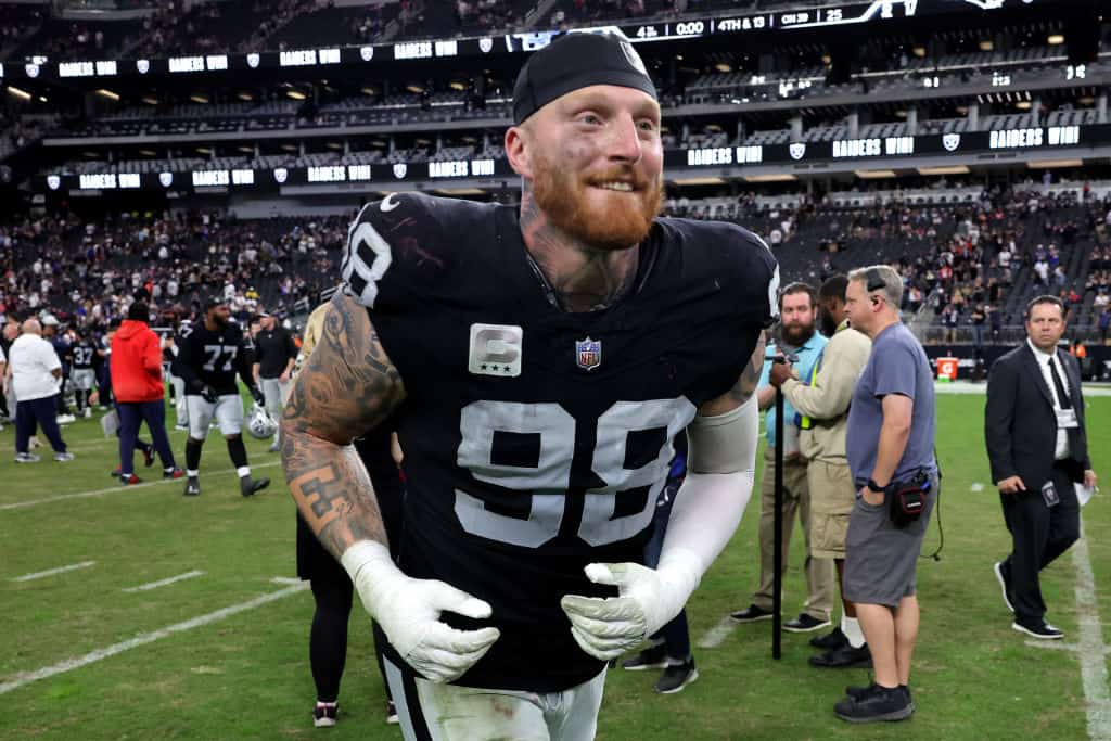 Maxx Crosby #98 of the Las Vegas Raiders reacts after his team's 21-17 win against the New England Patriots at Allegiant Stadium on October 15, 2023 in Las Vegas, Nevada.