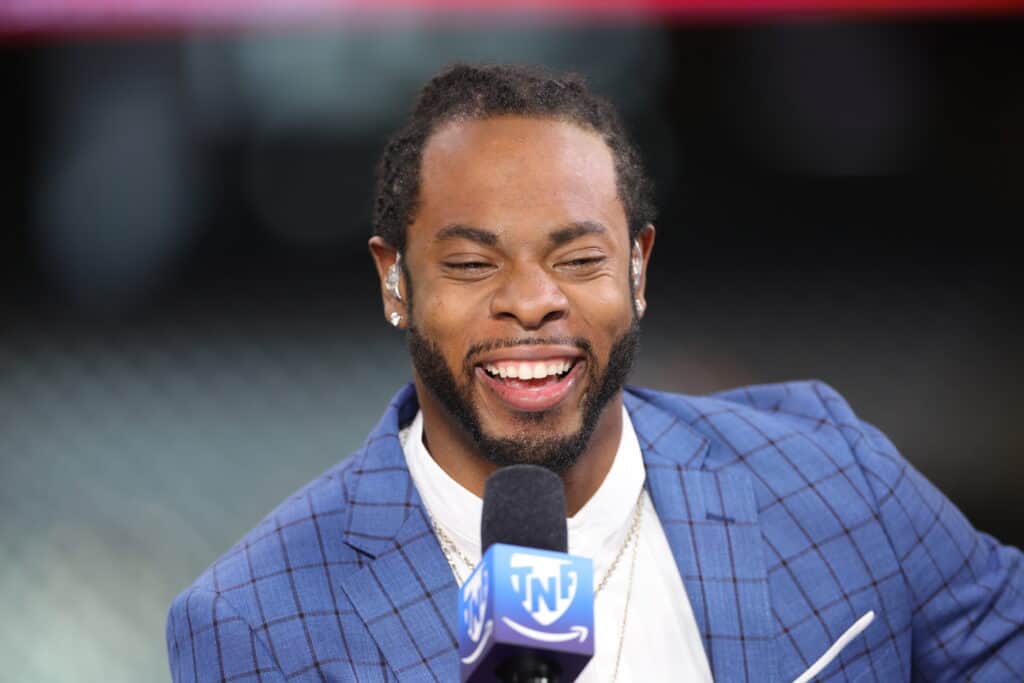 HOUSTON, TEXAS - AUGUST 25: Richard Sherman is seen prior to a game between the Houston Texans and the San Francisco 49ers at NRG Stadium on August 25, 2022 in Houston, Texas. 