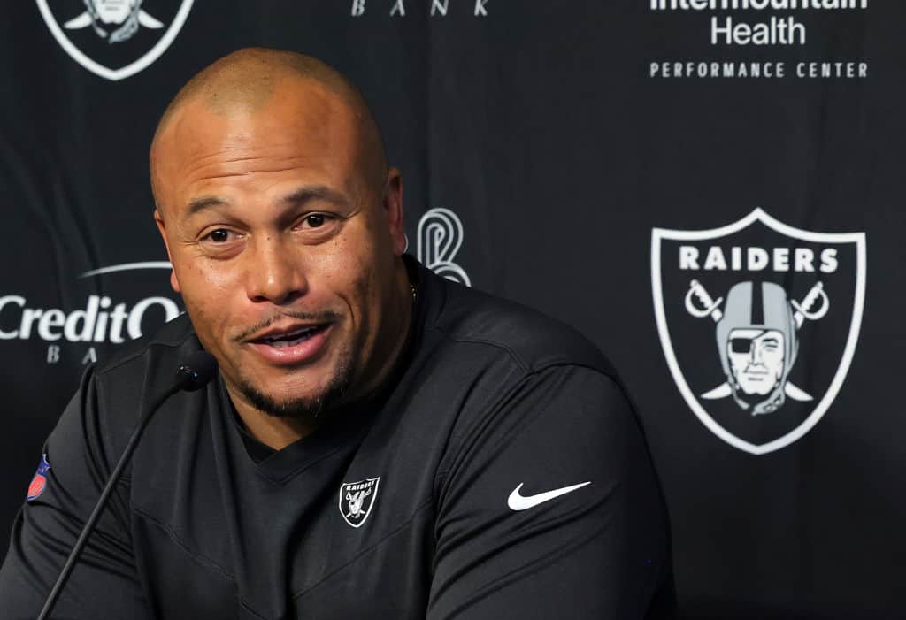 Interim head coach Antonio Pierce of the Las Vegas Raiders attends a news conference at the Las Vegas Raiders Headquarters/Intermountain Healthcare Performance Center on November 01, 2023 in Henderson, Nevada. The Raiders introduced Pierce and interim general manager Champ Kelly after firing head coach Josh McDaniels and general manager Dave Ziegler yesterday.