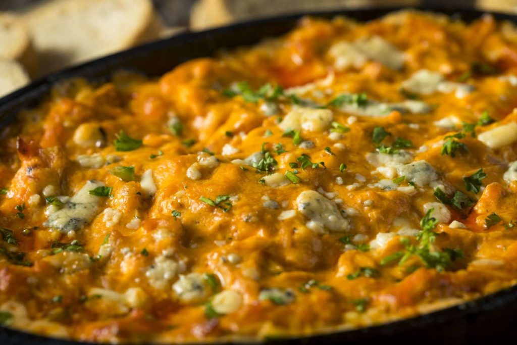 Creamy Buffalo Chicken Dip in a skillet