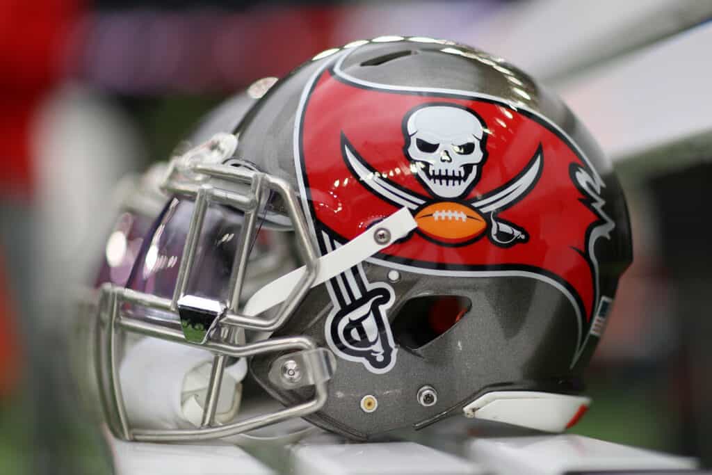 A detailed view of Tampa Bay Buccaneers helmets on the team bench ahead of the NFL game between Carolina Panthers and Tampa Bay Buccaneers at Tottenham Hotspur Stadium on October 13, 2019 in London, England.