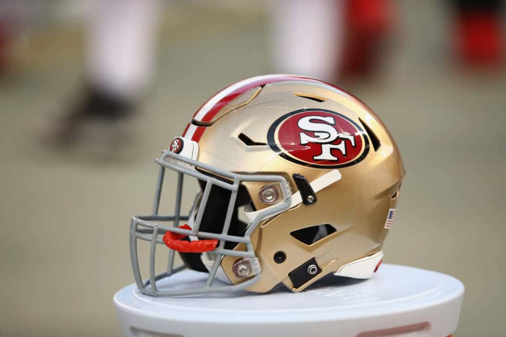 A San Francisco 49ers helmet on the sidelines during their preseason game against the Los Angeles Chargers at Levi's Stadium on August 30, 2018 in Santa Clara, California.