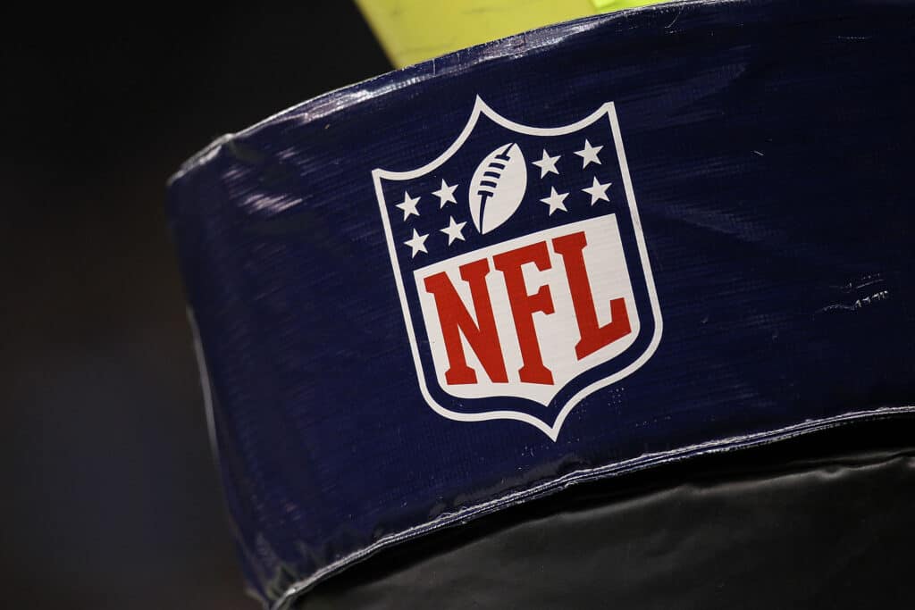 The NFL shield logo on the goal post pad at Louisiana Superdome on September 9, 2010 in New Orleans, Louisiana.