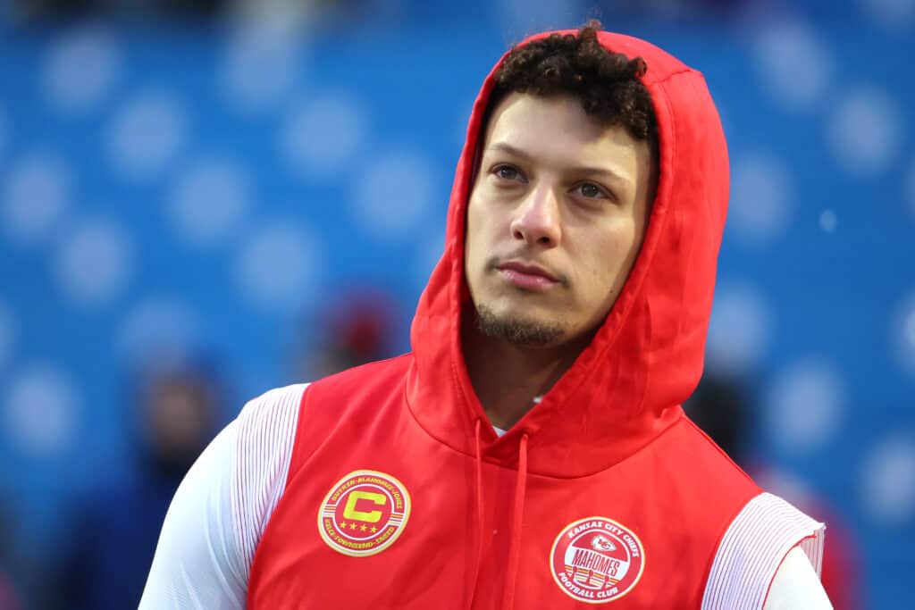 ORCHARD PARK, NEW YORK - JANUARY 21: Patrick Mahomes #15 of the Kansas City Chiefs looks on prior to the AFC Divisional Playoff game against the Buffalo Bills at Highmark Stadium on January 21, 2024 in Orchard Park, New York