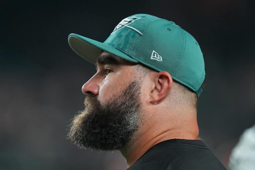 PHILADELPHIA, PENNSYLVANIA - AUGUST 17: Jason Kelce #62 of the Philadelphia Eagles looks on against the Cleveland Browns during the preseason game at Lincoln Financial Field on August 17, 2023 in Philadelphia, Pennsylvania. The Browns tied the Eagles 18-18.