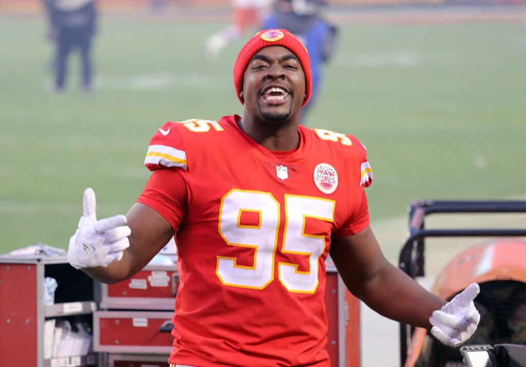 Defensive tackle Chris Jones #95 of the Kansas City Chiefs celebrates after winning the AFC Divisional Playoff game 22-17 over the Cleveland Browns at Arrowhead Stadium on January 17, 2021 in Kansas City, Missouri.