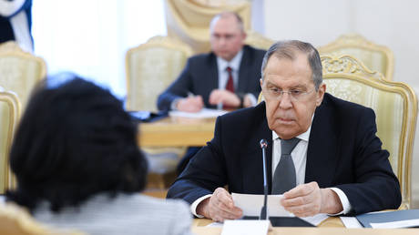 Russian Foreign Minister Sergei Lavrov during a meeting with North Korean Foreign Minister Choе Son-Hui