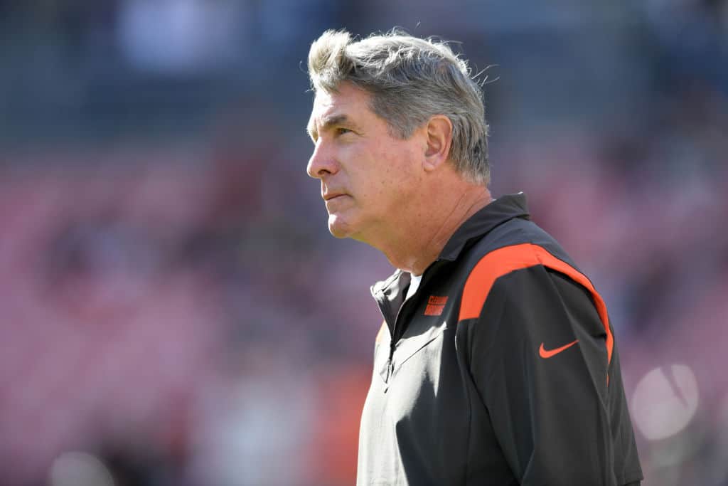 Cleveland Browns offensive line coach Bill Callahan looks on during warmups before a game against the Pittsburgh Steelers at FirstEnergy Stadium on October 31, 2021 in Cleveland, Ohio. 