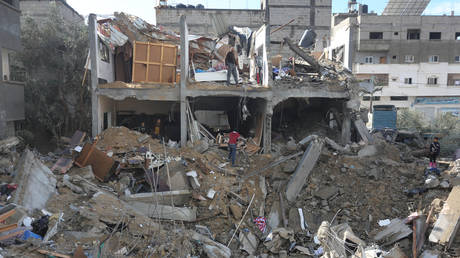 FILE PHOTO: A residential building destroyed in an Israeli strike in Deir al Balah, Gaza on January 15, 2024