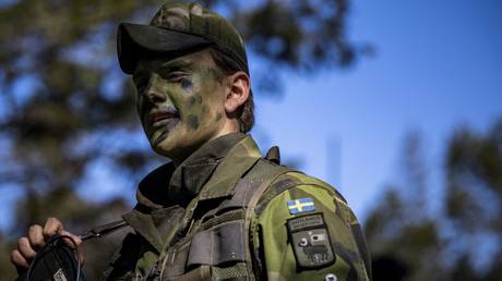 FILE PHOTO: A Swedish soldier during a military exercise on the island of Gotland, May 17, 2022.