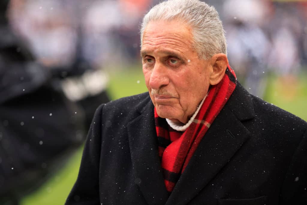 Atlanta Falcons owner Arthur Blank looks on prior to a game against the Chicago Bears at Soldier Field on December 31, 2023 in Chicago, Illinois.