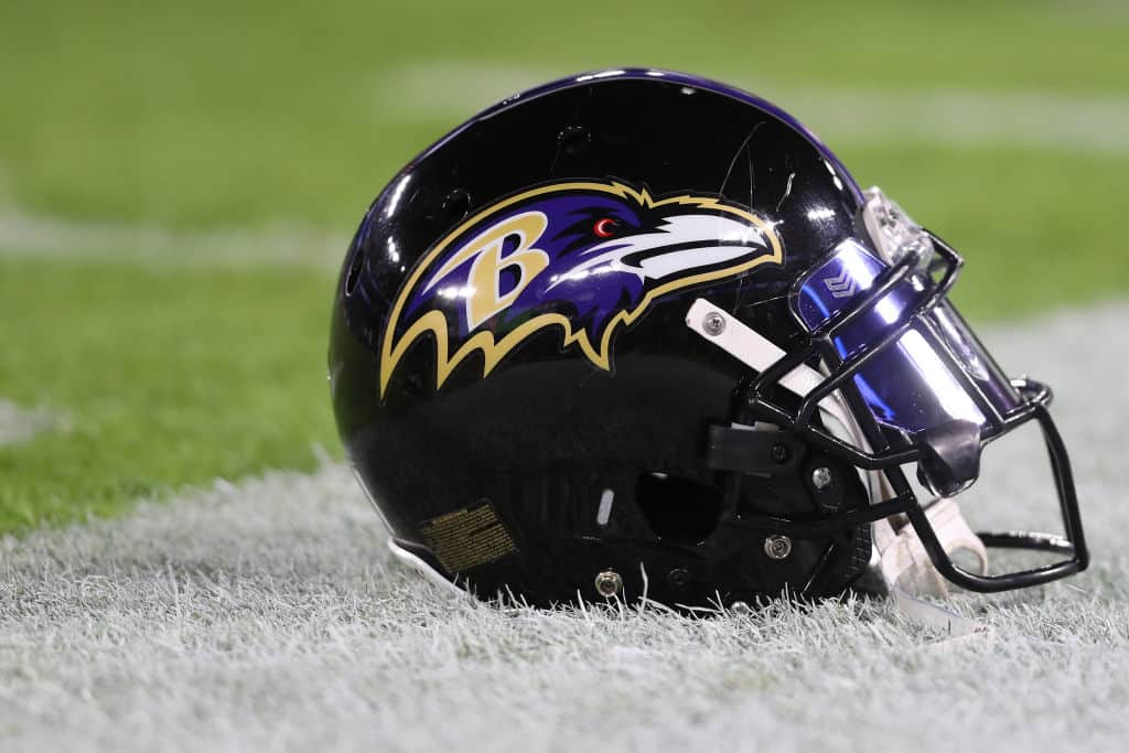 A detailed view of a Baltimore Ravens helmet at M&T Bank Stadium on December 12, 2019 in Baltimore, Maryland.