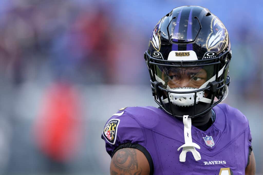 BALTIMORE, MARYLAND - JANUARY 20: Zay Flowers #4 of the Baltimore Ravens looks on prior to the AFC Divisional Playoff game against the Houston Texans at M&T Bank Stadium on January 20, 2024 in Baltimore, Maryland.